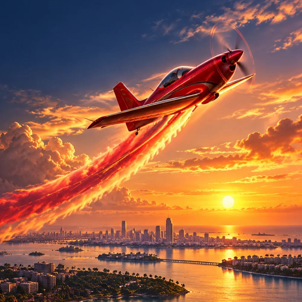 Illustration éditoriale d’un avion écarlate traçant une courbe dans les nuages