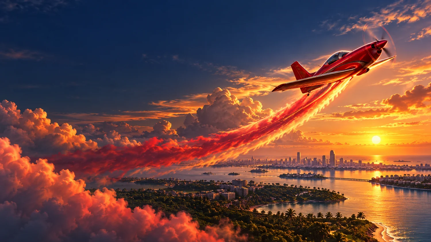 Avion rouge montant dans un ciel de coucher de soleil au-dessus du littoral ivoirien